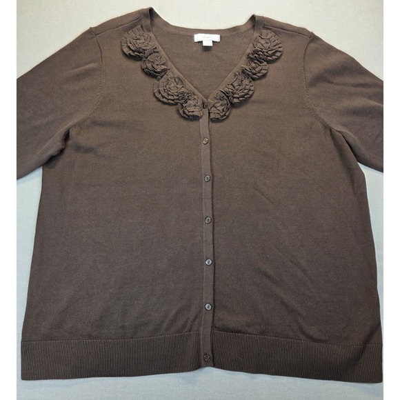 CJ Banks Sweaters - CJ Banks 3X Cardigan Brown 3D Floral Light 100% Cotton Office Staple 3/4 Sleeve